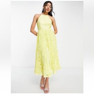 ASOS Design Pleated Lace Midi dress in Yellow